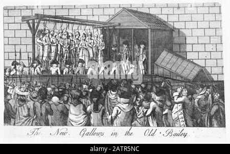 Engraving of new gallows  built at the Old Bailey next to Newgate prison, London, England. From The Chronicles of Newgate, 1884. Stock Photo