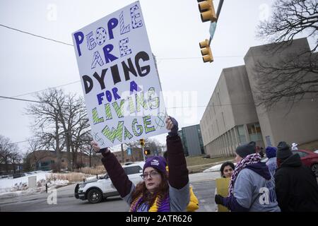 Des Moines, Iowa, USA. 3rd Feb, 2020. SEIU members protesting for union support at the Iowa Caucus. Credit: Rick Majewski/ZUMA Wire/Alamy Live News Stock Photo