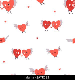 Cute vector illustration. Seamless pattern with angels and hearts isolated on white. Happy Valentines Day. Endless texture. Romantic design concept Stock Vector