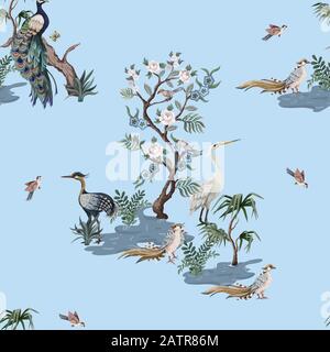 Seamless pattern in chinoiserie style with storks, birds and peonies. Vector, Stock Vector