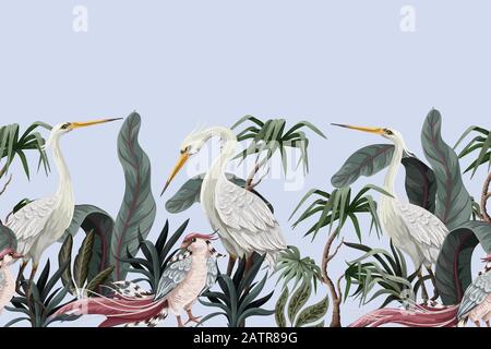 Border in chinoiserie style with storks and peonies. Vector. Stock Vector