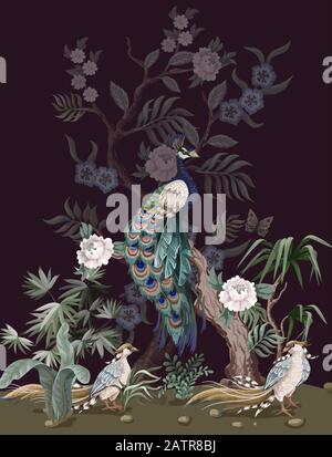 Border in chinoiserie style with peacock and peonies. Vector. Stock Vector