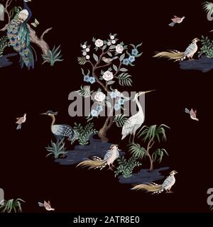 Seamless pattern in chinoiserie style with storks, birds and peonies. Vector, Stock Vector