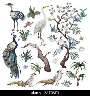 Herons, peacock, peonies and bird in chinoiserie style isolated. Vector. Stock Vector