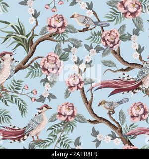 Seamless pattern in chinoiserie style with storks, birds and peonies. Vector, Stock Vector