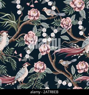 Seamless pattern in chinoiserie style with storks, birds and peonies. Vector, Stock Vector