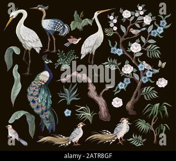 Herons, peacock, peonies and bird in chinoiserie style isolated. Vector. Stock Vector