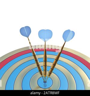 3 gold dart hit the target. the success of the concept and focused following purpose. 3d illustration isolated on white background Stock Photo