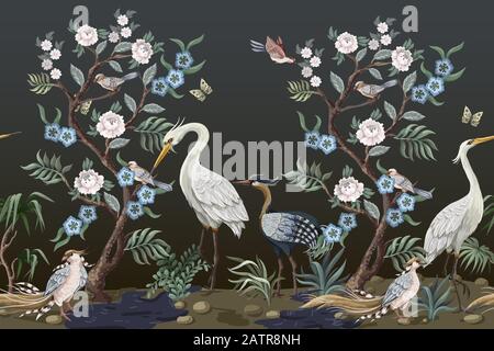 Border in chinoiserie style with herons and peonies. Vector. Stock Vector