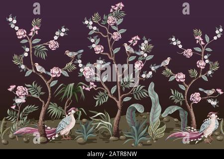 Border in chinoiserie style with birds and peonies. Vector. Stock Vector