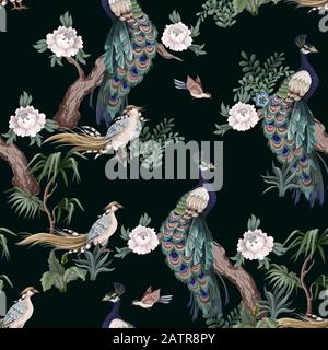 Seamless pattern in chinoiserie style with storks, birds and peonies. Vector, Stock Vector