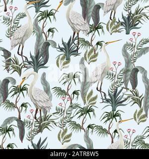 Seamless pattern in chinoiserie style with storks, birds and peonies. Vector, Stock Vector