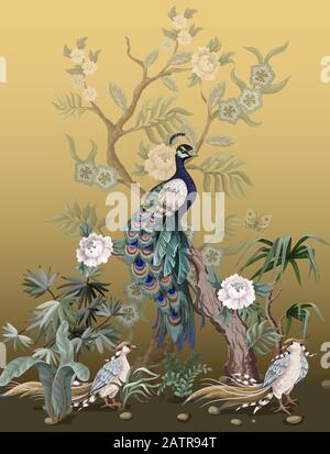 Border in chinoiserie style with herons, peacock and peonies. Vector. Stock Vector