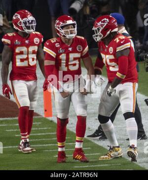 Miami, Florida, USA. 02nd Feb, 2020. Kansas City Chiefs celebrate in the  end zone during the fourth quarter of Super Bowl LIV between the San  Francisco 49ers and the Kansas City Chiefs