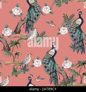 Seamless pattern in chinoiserie style with storks, birds and peonies. Vector, Stock Vector