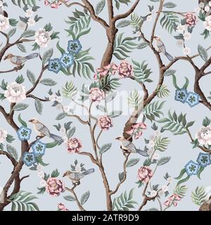 Seamless pattern in chinoiserie style with peonies trees and birds . Vector, Stock Vector