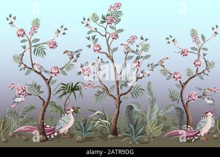Border in chinoiserie style with birds and peonies. Vector. Stock Vector