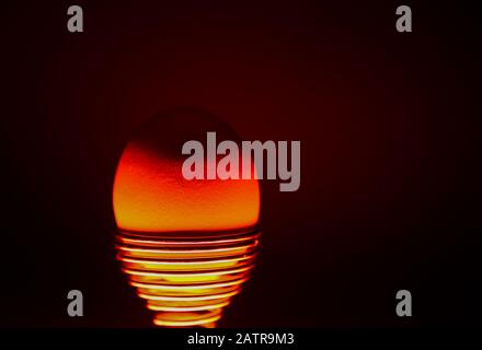 Close up of isolated red yellow glowing egg in silver metal eggcup, black background Stock Photo