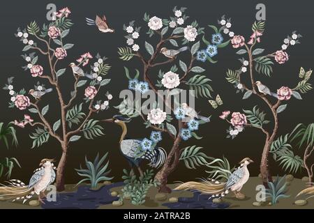 Border in chinoiserie style with herons and peonies. Vector. Stock Vector