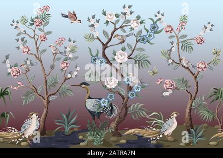 Border in chinoiserie style with herons, peacock and peonies. Vector. Stock Vector