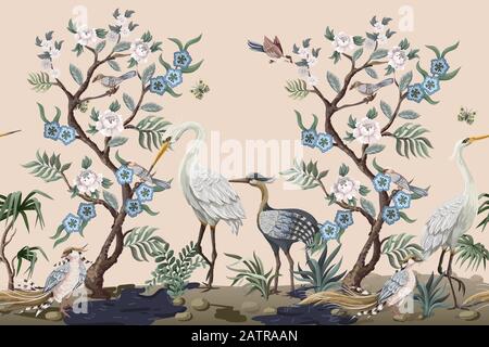 Border in chinoiserie style with herons and peonies. Vector. Stock Vector