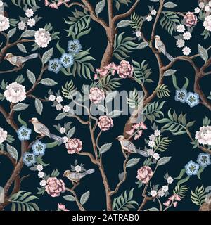 Seamless pattern in chinoiserie style with peonies trees and birds . Vector, Stock Vector
