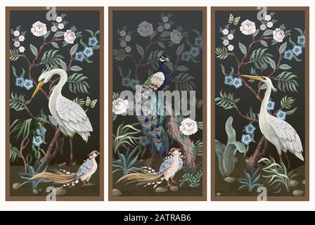 Folding screen in chinoiserie style with peacock and peonies Stock Vector