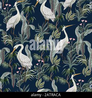 Seamless pattern in chinoiserie style with storks, birds and peonies. Vector, Stock Vector