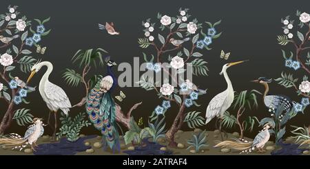 Border in chinoiserie style with herons, peacock and peonies. Vector. Stock Vector