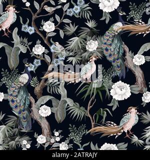 Seamless pattern in chinoiserie style with storks, birds and peonies. Vector, Stock Vector