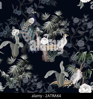 Seamless pattern in chinoiserie style with storks, birds and peonies. Vector, Stock Vector