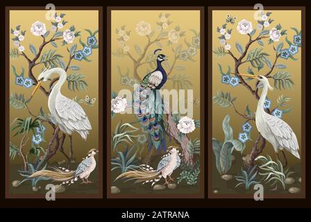 Folding screen in chinoiserie style with peacock and peonies on golden background. Vector. Stock Vector