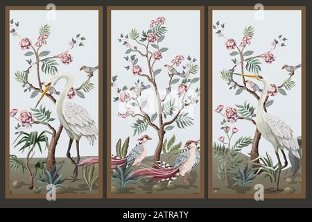 Folding screen in chinoiserie style with storks and peonies. Vector. Stock Vector
