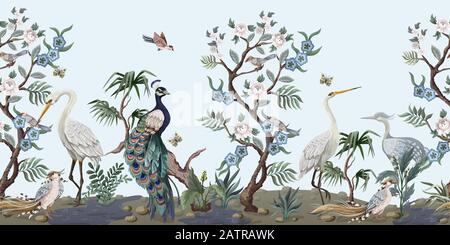 Border in chinoiserie style with herons, peacock and peonies. Vector. Stock Vector