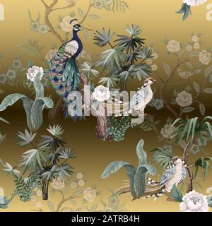 Seamless pattern in chinoiserie style with storks, birds and peonies. Vector, Stock Vector