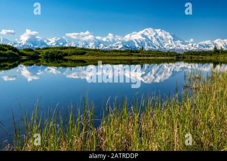 View of Denali and it's reflection in Reflection Pond taken from the park road while driving to Wonder Lake, Denali National Park and Preserve Stock Photo