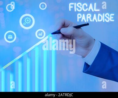 Conceptual hand writing showing Fiscal Paradise. Concept meaning Tax on development Rates of taxation for foreign investors Stock Photo