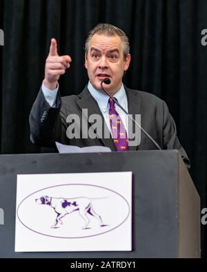 New York, USA. 4th Feb, 2020. Charlton Reynders III, president of the Westminster Kennel Club Dog show, addresses the 'Meet The Breeds' event in the New Yorker hotel in Manhattan. Credit: Enrique Shore/Alamy Live News Stock Photo