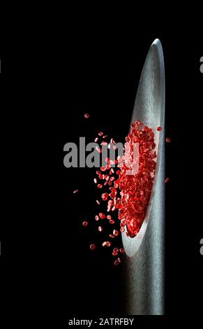 Injection needle with red blood cells protruding from the tip. 3D illustration, concept image of medicine and scientific studies.