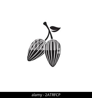 cocoa beans on pod with leaf for drinks and baking, drawing silhouette, cocoa icon simple isolated illustration on white background Stock Vector