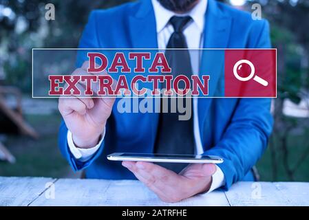 Text sign showing Data Extraction. Business photo showcasing act or process of retrieving data out of data sources Stock Photo