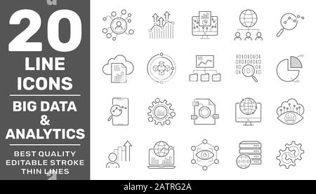 Set of data and web analytics related vector line icons set.Graphs, traffic analysis, big data and more. Collection of high quality icons for web site Stock Vector