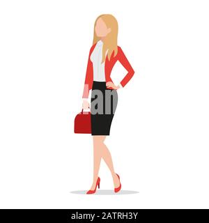 Successful businesswoman wearing black skirt and red blazer holding red handbag flat style icon isolated on white background, confident female Stock Vector