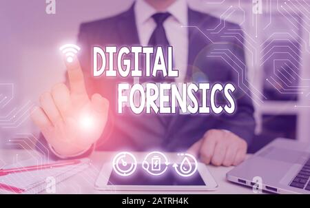 Handwriting text Digital Forensics. Conceptual photo investigation of material found in digital devices Stock Photo