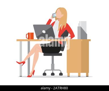Busy businesswoman talking on phone flat style icon, sitting at workplace, work desk with laptop, manager entrepreneur consulting client, vector Stock Vector