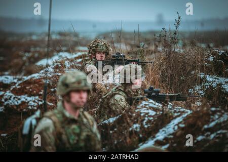 Bemowo Piskie, Poland. 04 February, 2020. British Soldiers, assigned to the Royal Scots Dragoon Guards, during a NATO live-fire exercise February 4, 2020 in Bemowo Piskie, Poland.  Credit: Sgt. Timothy Hamlin/Planetpix/Alamy Live News Stock Photo