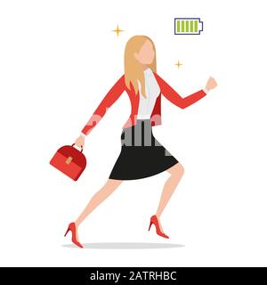 Powerful businesswoman with full charged green battery flat style icon isolated, successful female executive entrepreneur wearing black skirt holding Stock Vector