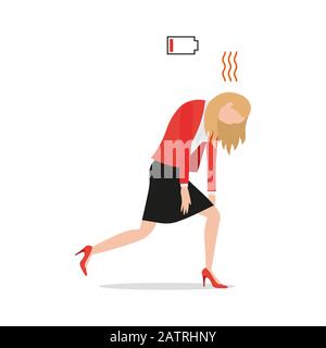 Tired exhausted businesswoman with red low battery charge icon, flat style vector illustration, overworked overwhelmed female entrepreneur executive Stock Vector