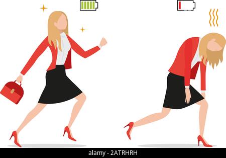 businesswomanSet of powerful businesswoman with green full energy battery sign and tired exhausted female with red low charged, flat styli icon Stock Vector