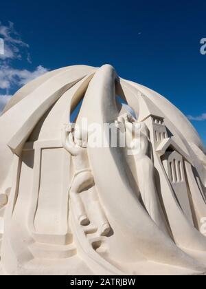 Argentina, Ushuaia. Ushuaia's Pioneers and First Settlers Monument, topped by an albatross with its wings covering the sculpture. Stock Photo